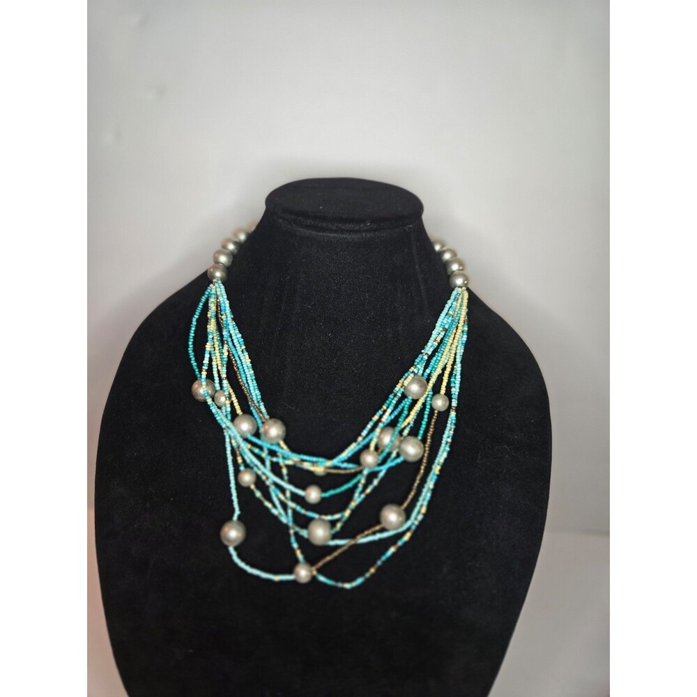 Lane Bryant Necklace Teal Beads Multistrand with Silver Tone Spacer Adjustable